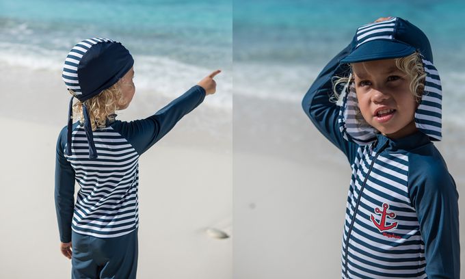 德國Playshoes - 抗UV長袖防曬防寒兒童連身泳裝-海軍風