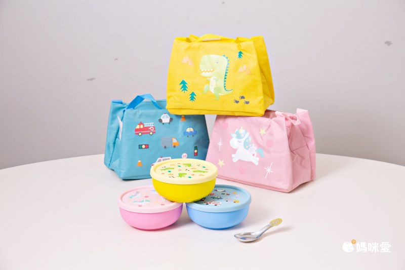 KOM - 童趣便當袋-3入組+316不鏽鋼兒童平底匙-3入組-獨角獸/恐龍/汽車 各一