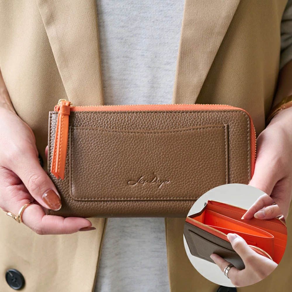 極輕巧-3cm薄型雅緻真皮長夾-咖啡x橘 (17.3x9.2cm)