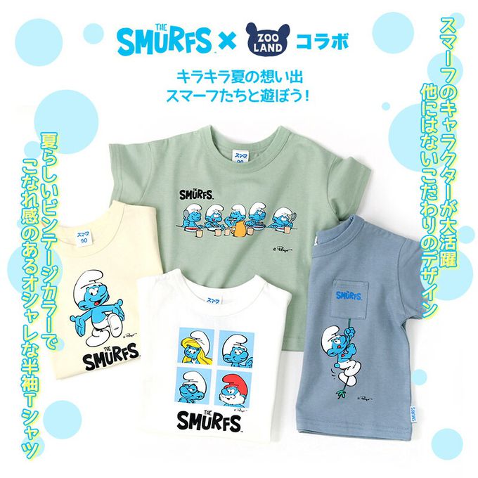 日本 ZOOLAND - 藍色小精靈聯名純棉短T-A四格大頭-白