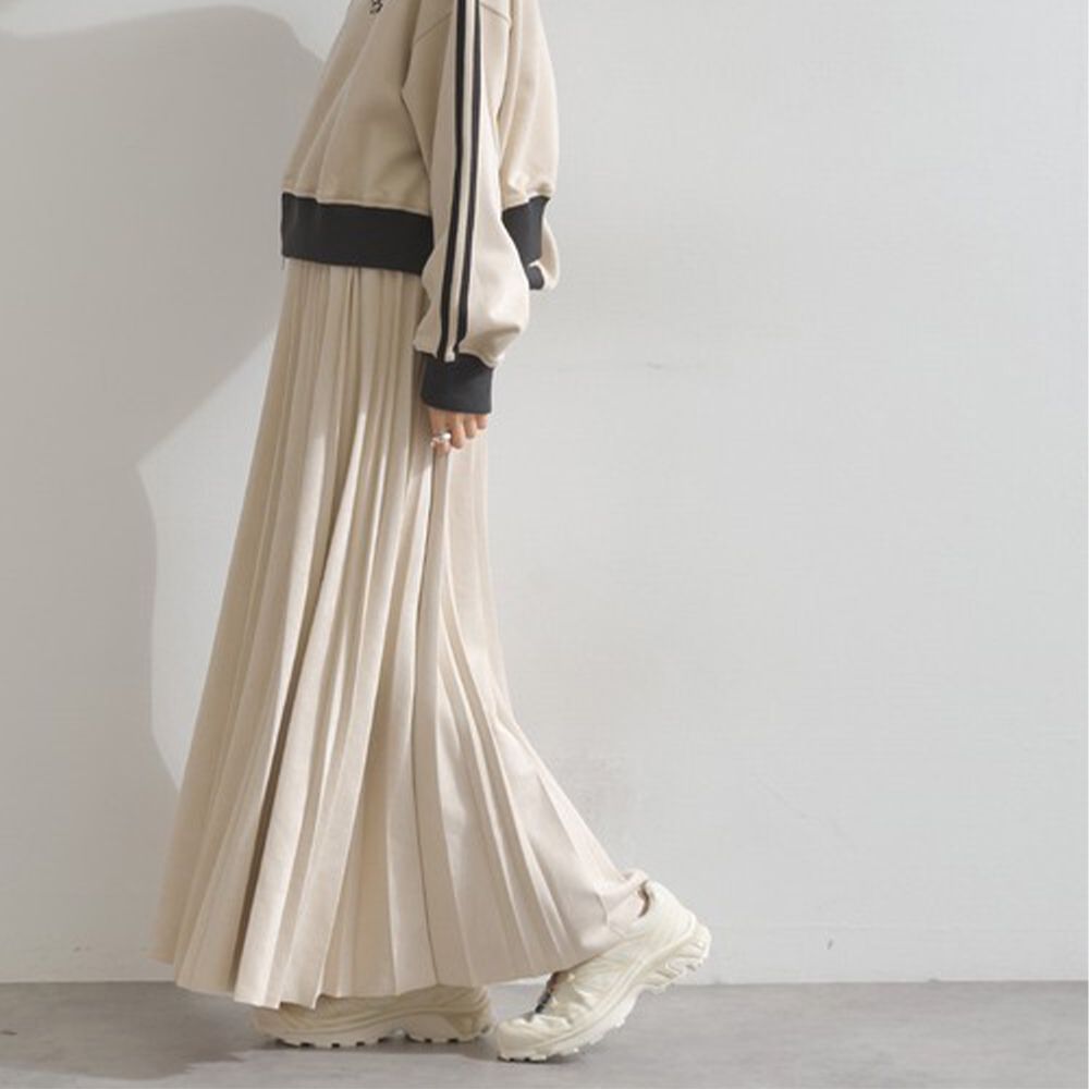 俐落低調麂皮百褶長裙-象牙米