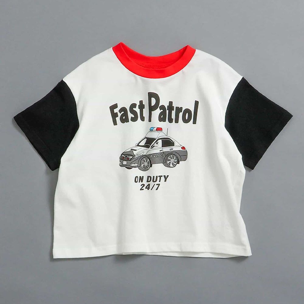 100%棉 美式印花短袖上衣-撞色警車-白x黑