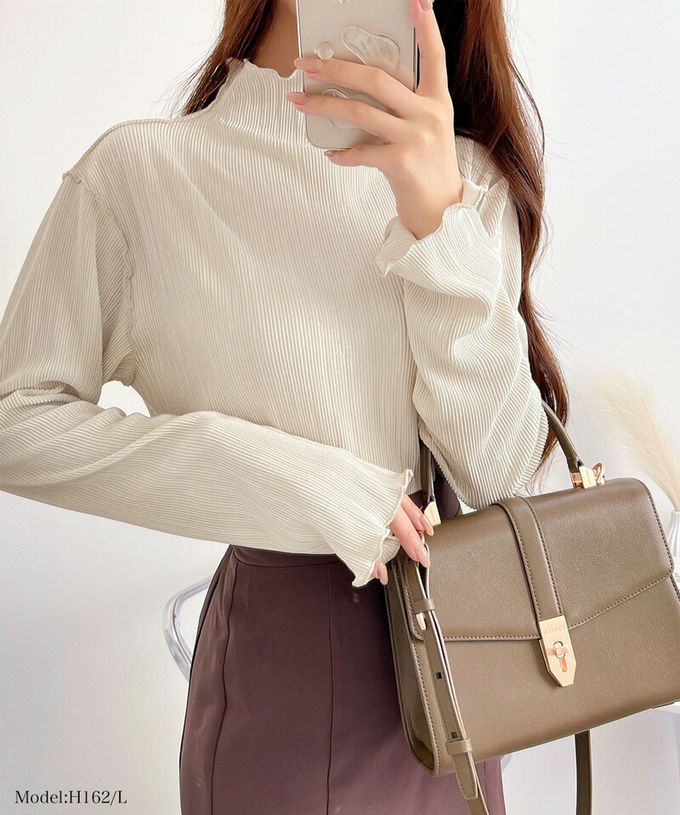 日本 Classical Elf - 羅紋線條感木耳小高領長袖上衣-淺灰