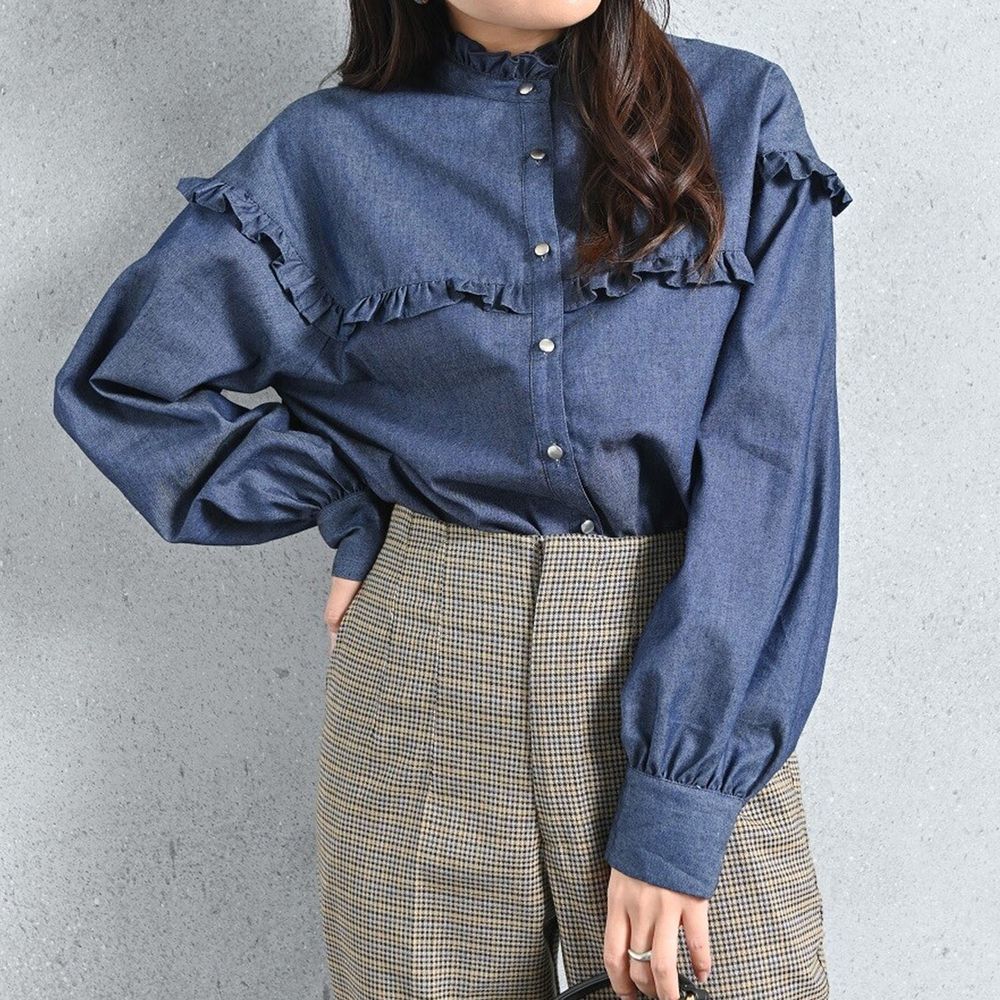 日本 ELENCARE DUE - 復古小荷葉造型薄長袖襯衫-丹寧