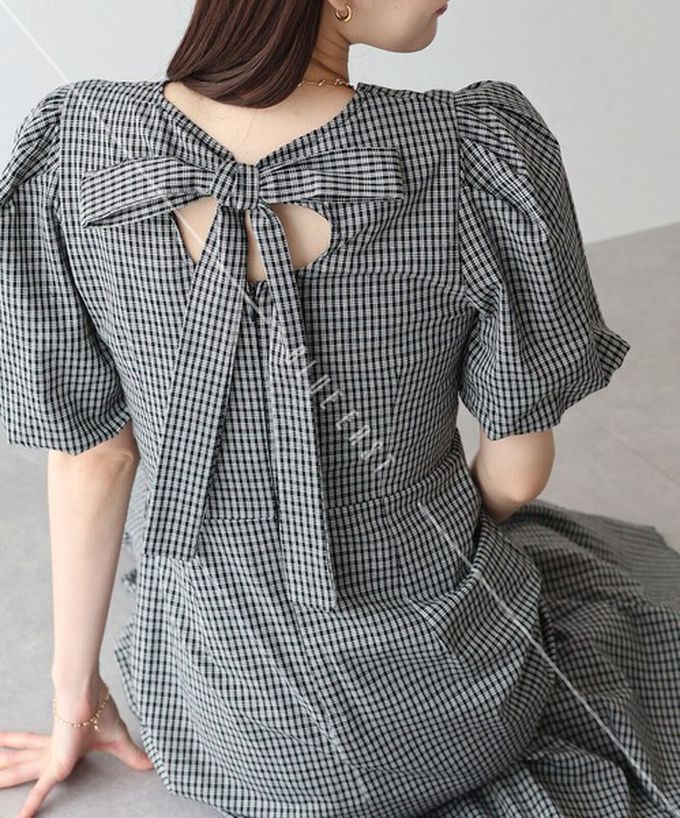 日本 BLUE EAST - 優雅方領後綁帶泡泡袖魚尾洋裝-素面-黑 (M)