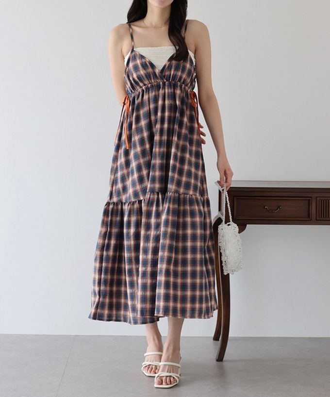 日本 BLUE EAST - 可愛格紋側蝴蝶結細肩帶洋裝-棕咖 (M)