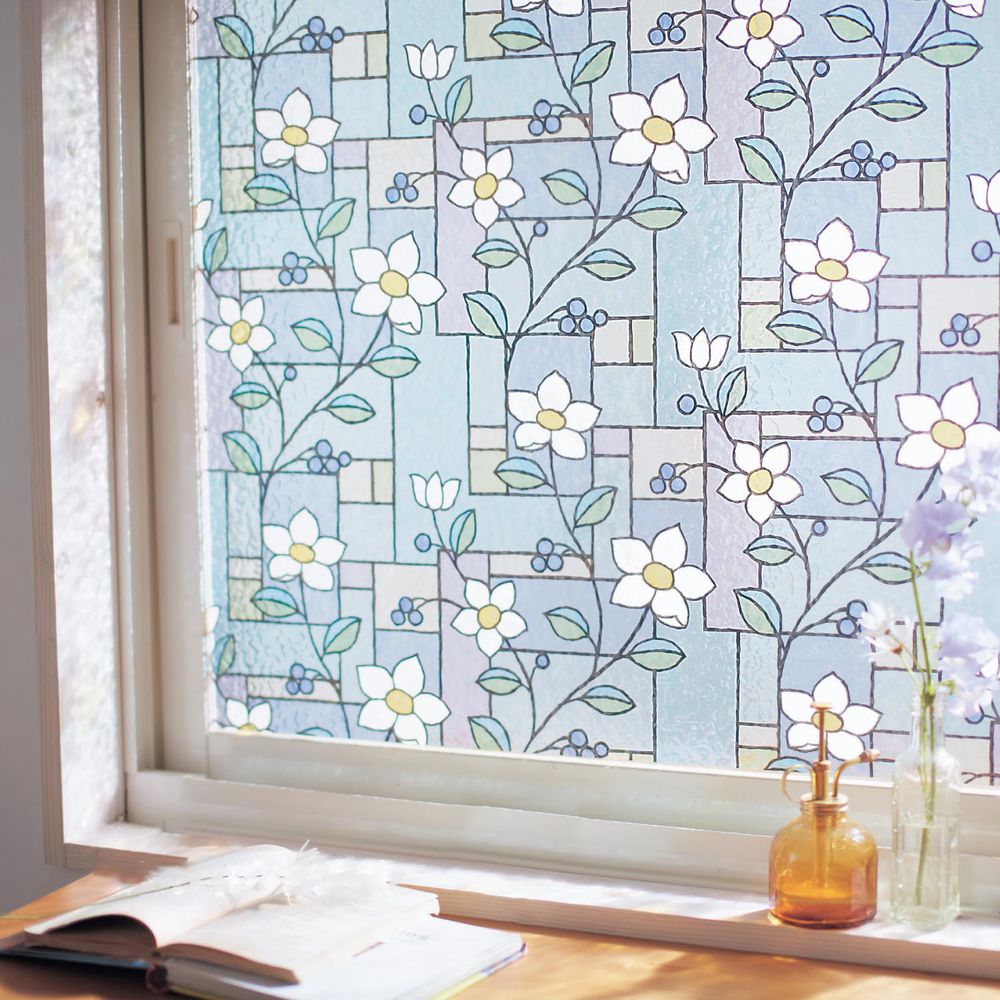 日本千趣會 - 日本製 99%抗UV光影窗貼(靜電式)-復古花朵彩磚 (92x90cm)
