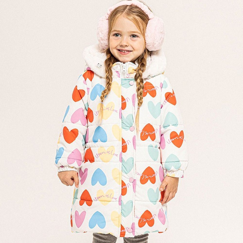 彩色愛心長版防風填充連帽外套-白
