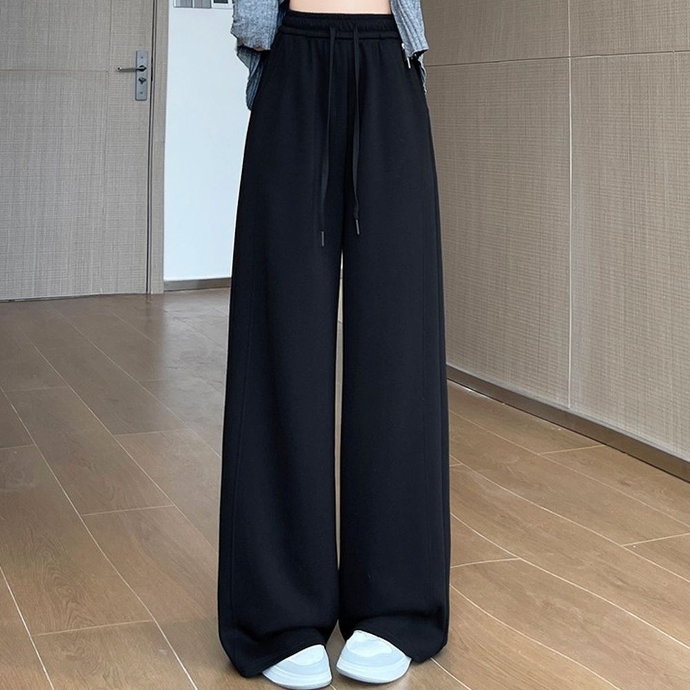 顯瘦修身運動休閒直筒闊腿褲-黑