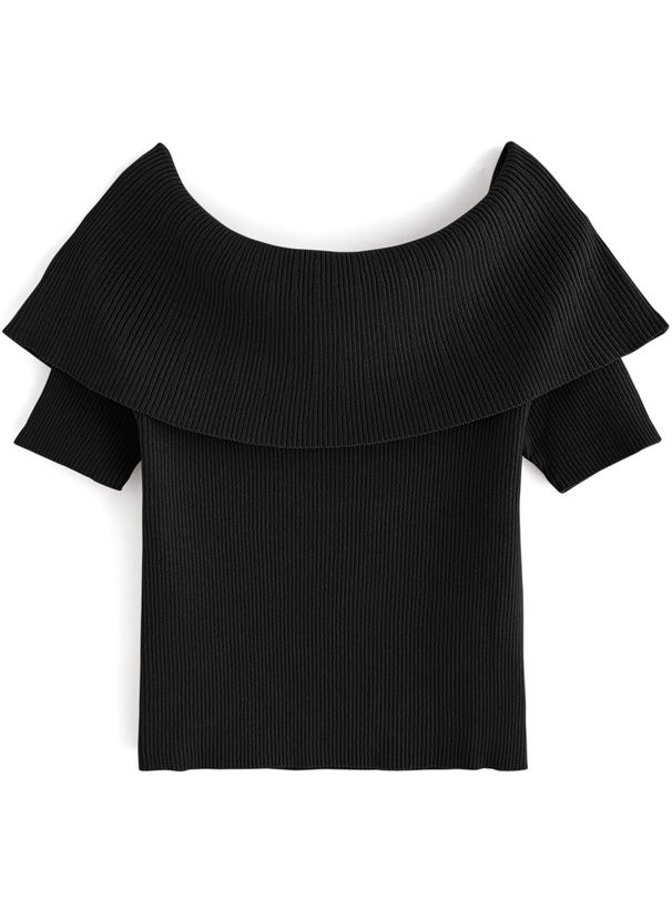 日本 GRL - 一字領羅紋顯瘦短袖上衣-白 (F)