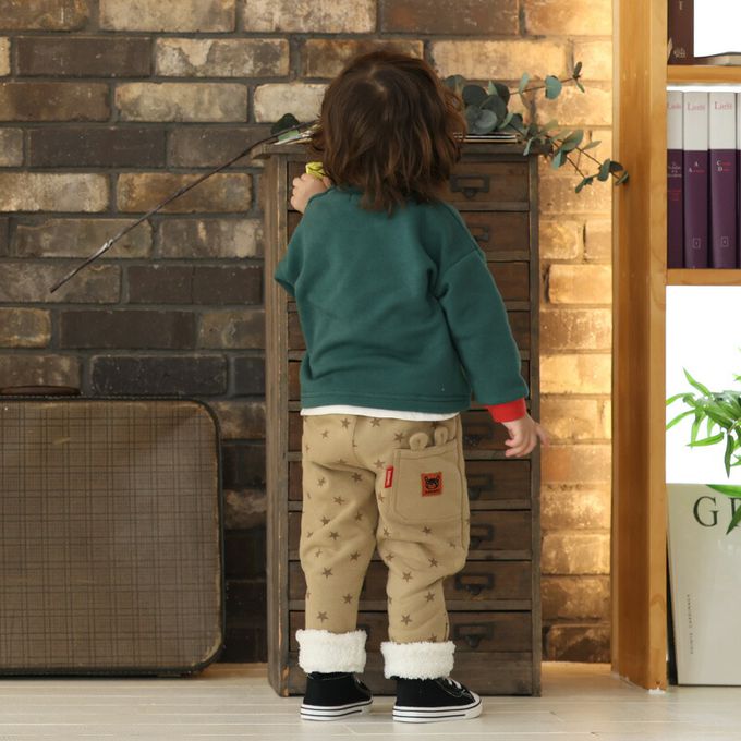 日本 ZOOLAND - 熊耳口袋滿版星星裏毛長褲-卡其