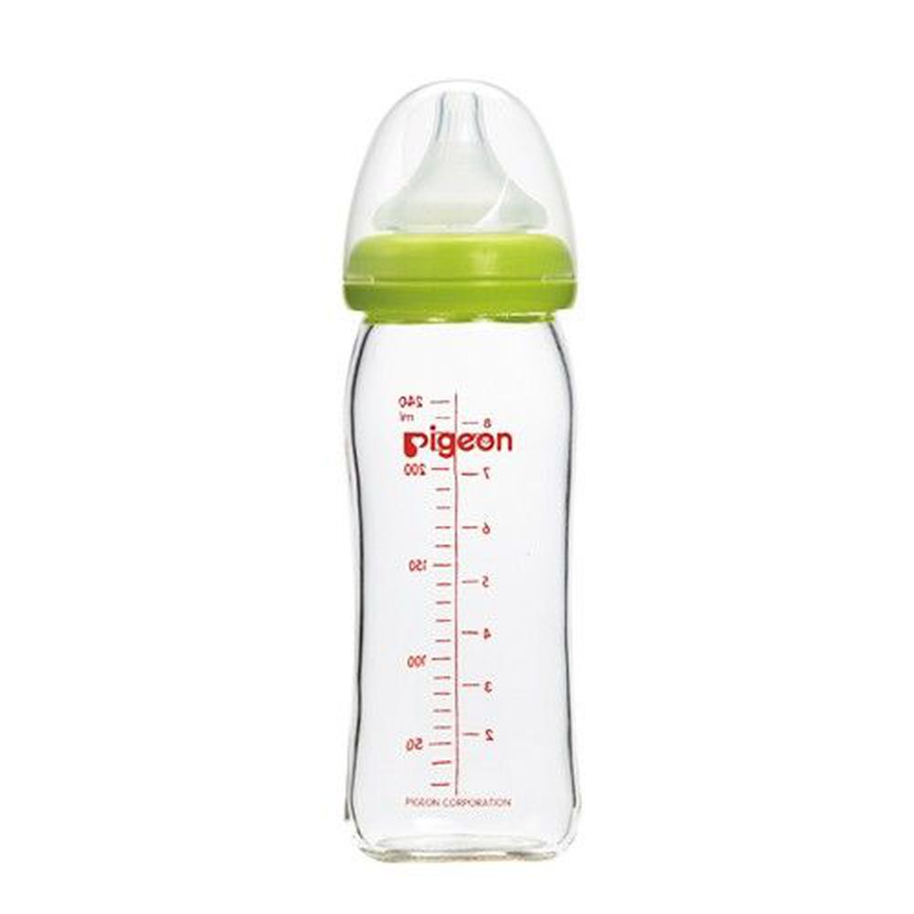 貝親 Pigeon - 母乳實感寬口玻璃奶瓶-附奶嘴-綠色 (M [3個月起])-240mL