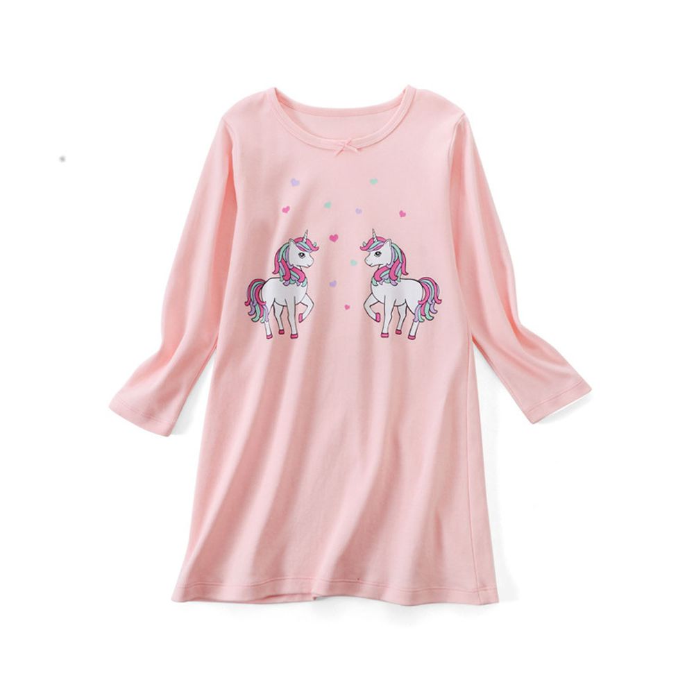 純棉長袖睡裙-獨角獸-粉色