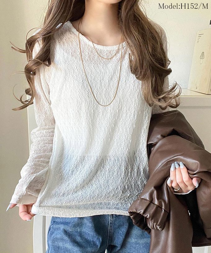 日本 Classical Elf - 網狀蕾絲透膚圓領長袖上衣-黑