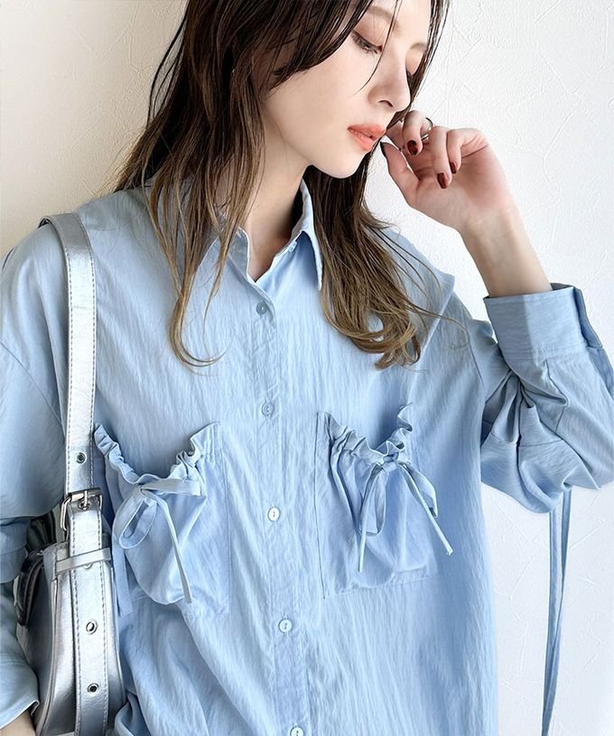 日本 Classical Elf - 大人的可愛感綁帶寬版襯衫-灰