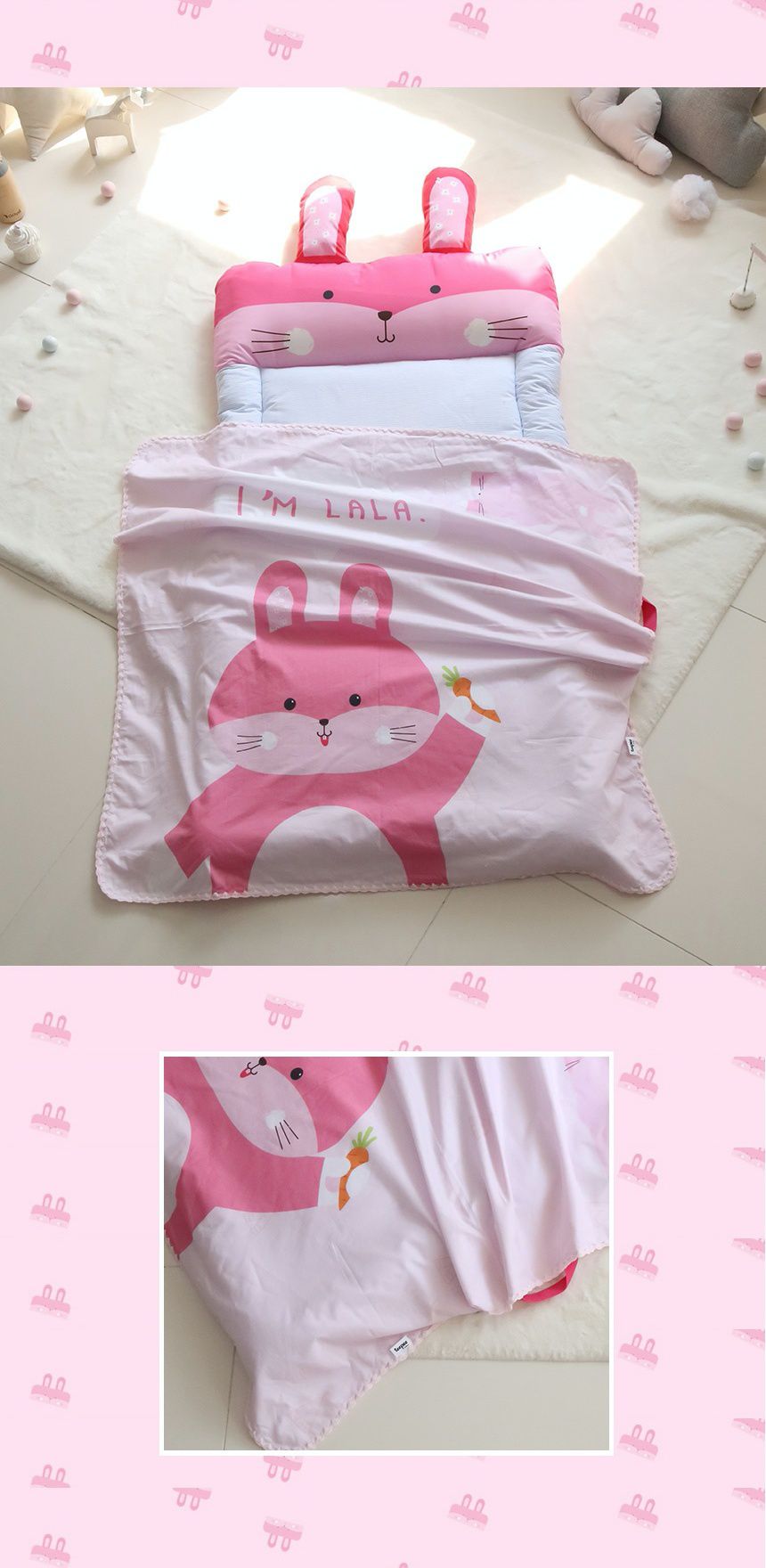 韓國 Teepee - 5CM雙面厚墊兒童睡袋/寢具(無拉鏈)-粉嫩小兔子