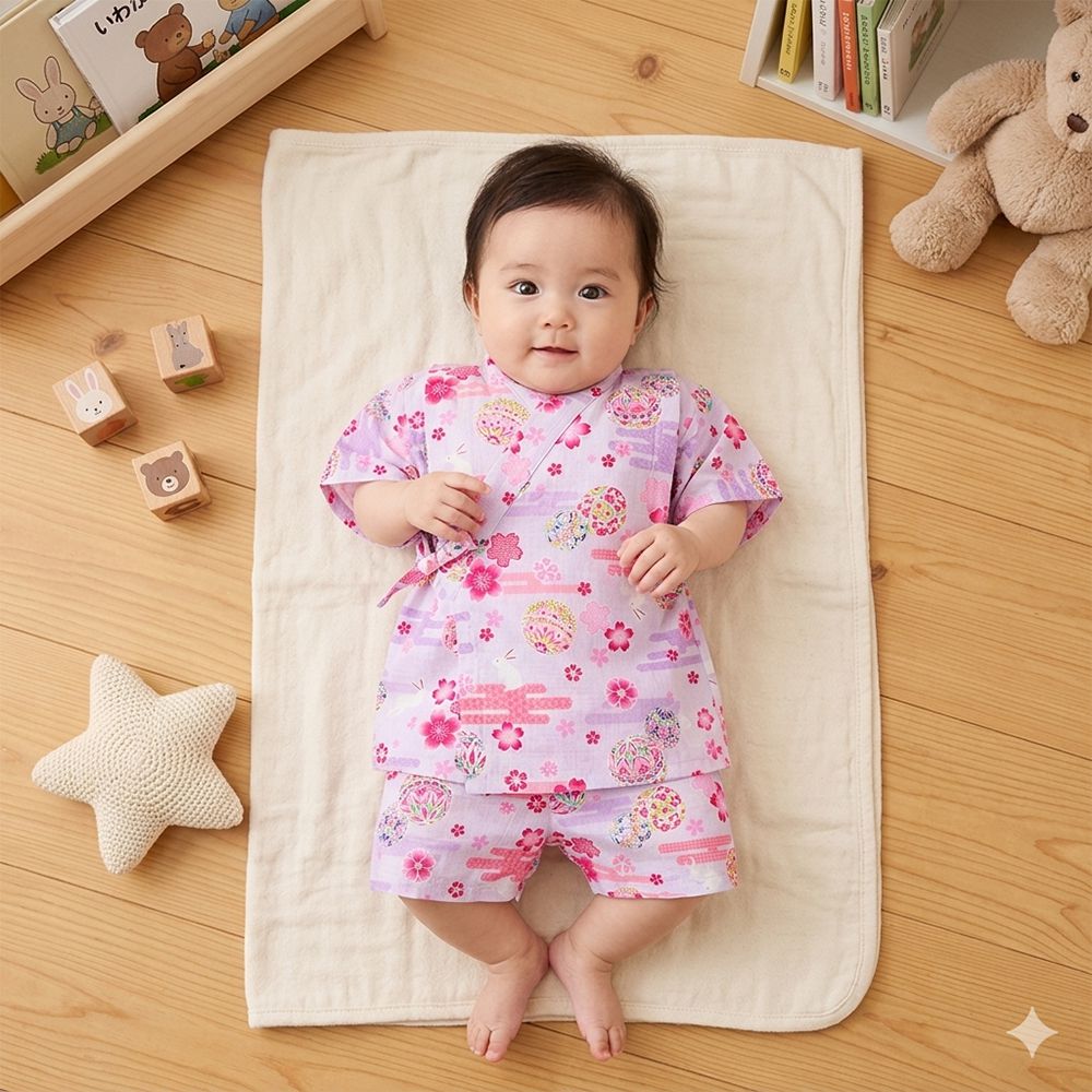 幼兒兩件式甚平-兔子鞠球圖案-紫色