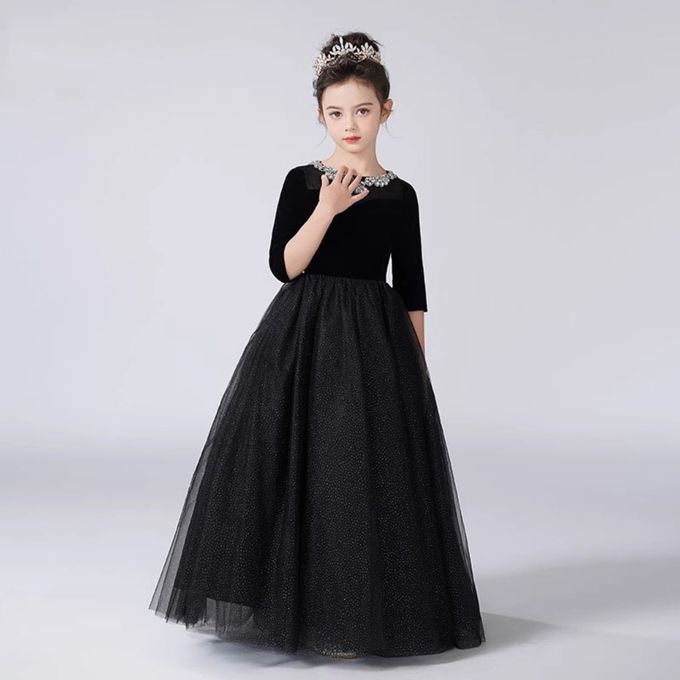 love, charlotte - 赫本風水鑽領口絲絨五分袖撒粉紗裙長禮服 - 黑色