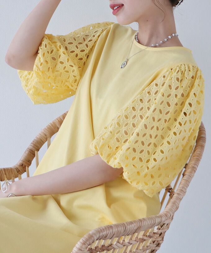 日本 BLUE EAST - 優雅雕花泡泡五分袖連身洋裝-薰衣草