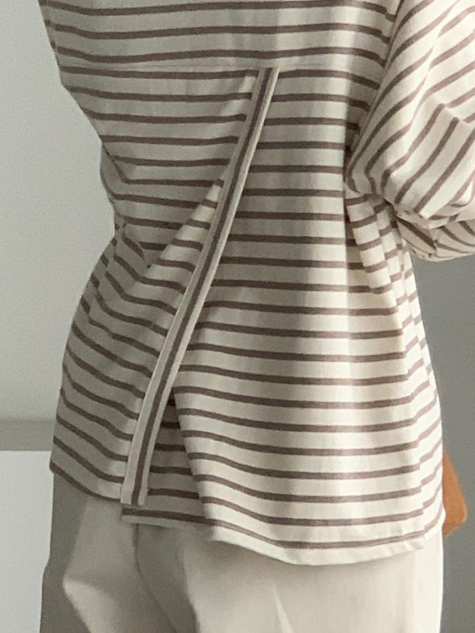 韓國女裝連線 - 不對稱後開衩條紋長袖上衣-可可咖 (FREE)