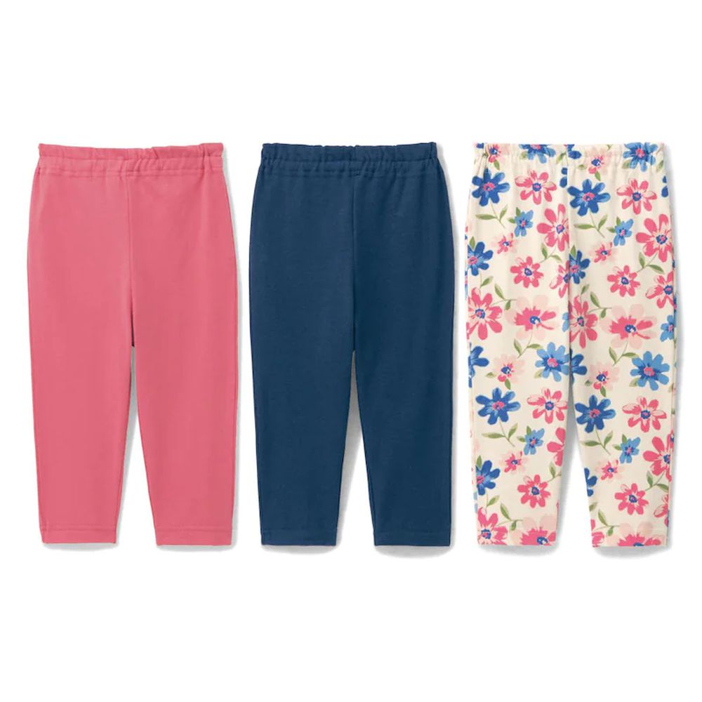日本千趣會 - GITA 超值百搭七分褲三件組-素面x花朵-粉藍色系