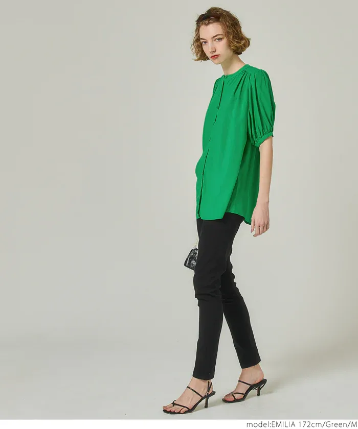 日本 COCA - 質感圓領泡泡短袖雪紡襯衫-白