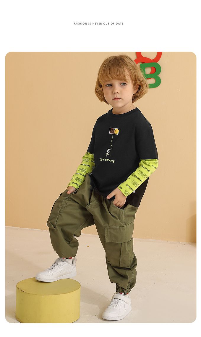 圓領假兩件長袖上衣-漂浮太空人-黑+螢光綠色