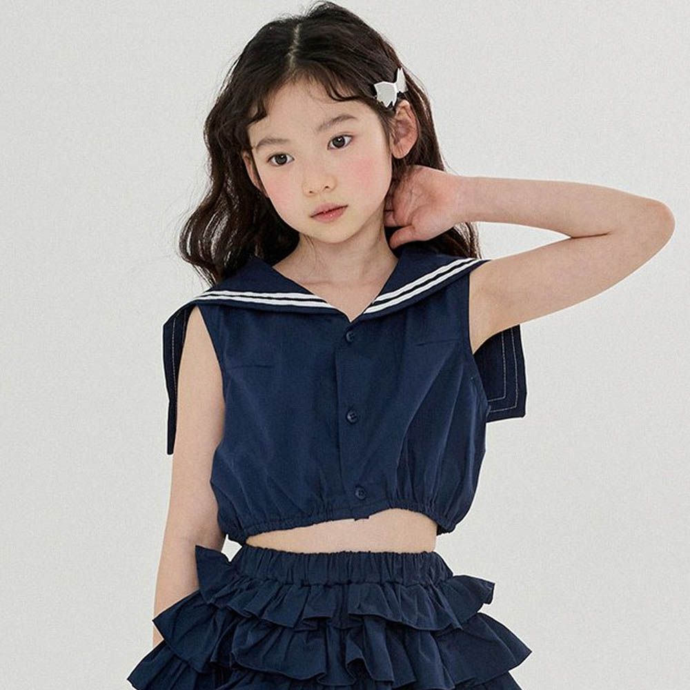 水手翻領縮無袖襯衫-海軍藍