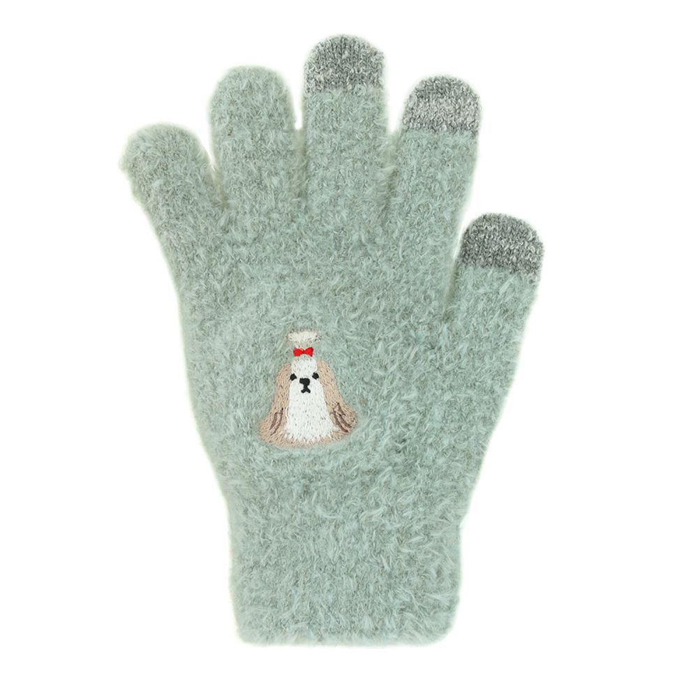 日本 TOMO - (大人)可觸控可愛動物毛絨保暖手套-西施犬-翠綠