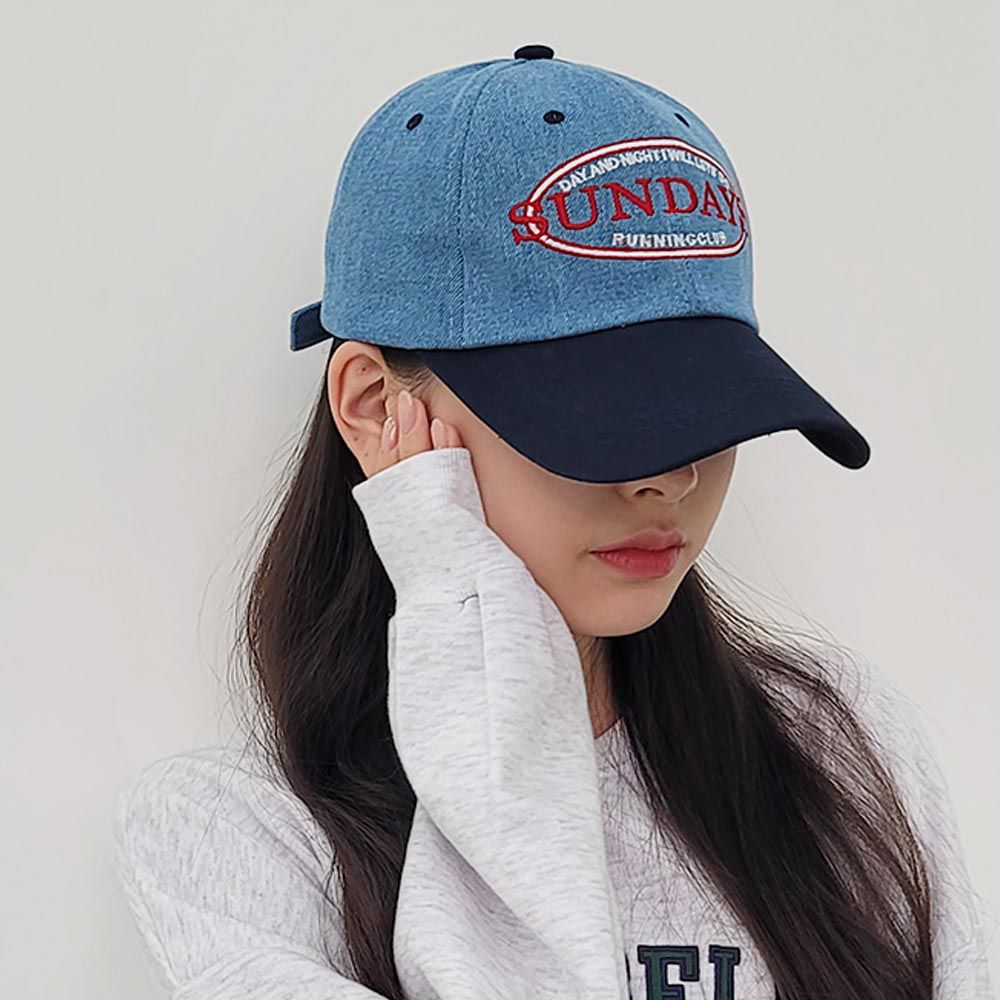 韓國 Soo&Soo - 美式拼色老帽-SUNDAYS-淺藍X深藍