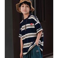 Y B S - 純棉圓領短袖上衣-百搭條紋-藏青