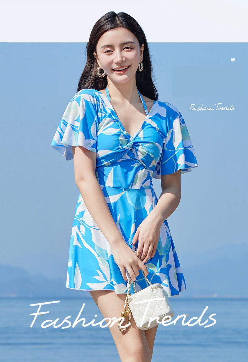 渡假風V領修身顯瘦遮肉連身裙泳衣-藍色