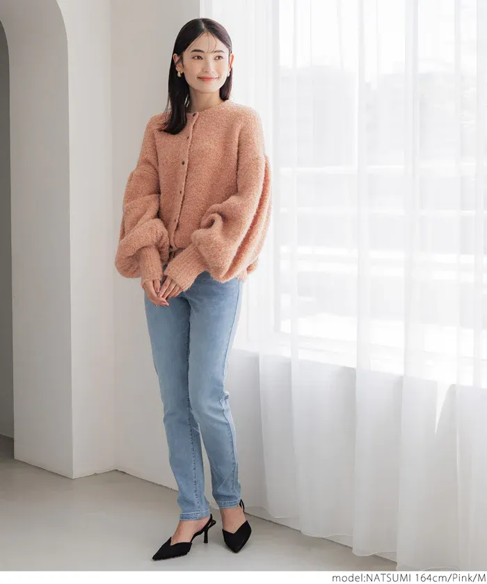 日本 COCA - 澎澎氣球袖針織開襟衫-橘粉