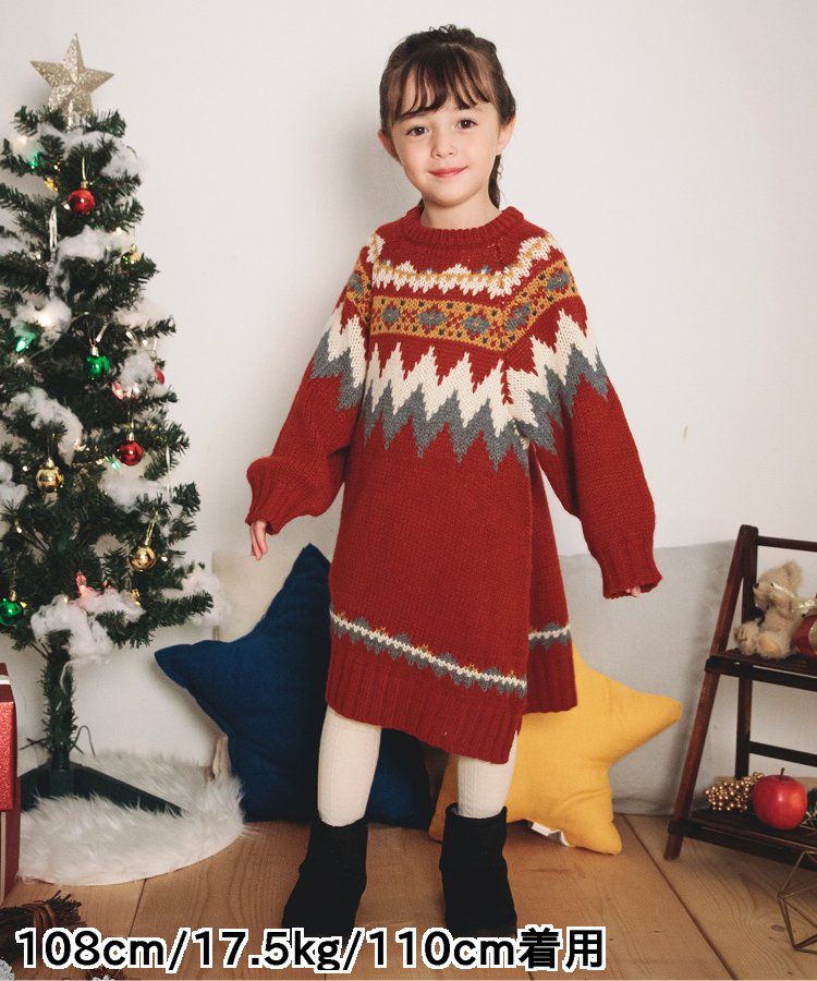 日本 BREEZE - 歐風柔軟針織洋裝-球心柄-聖誕紅