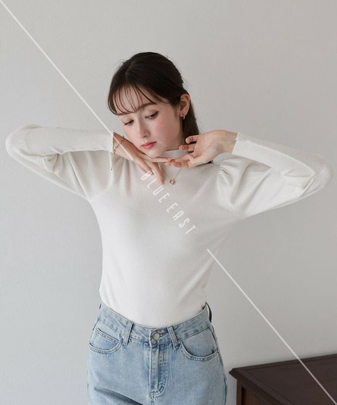 日本 BLUE EAST - 宮廷風百搭針織微高領長袖上衣-米杏