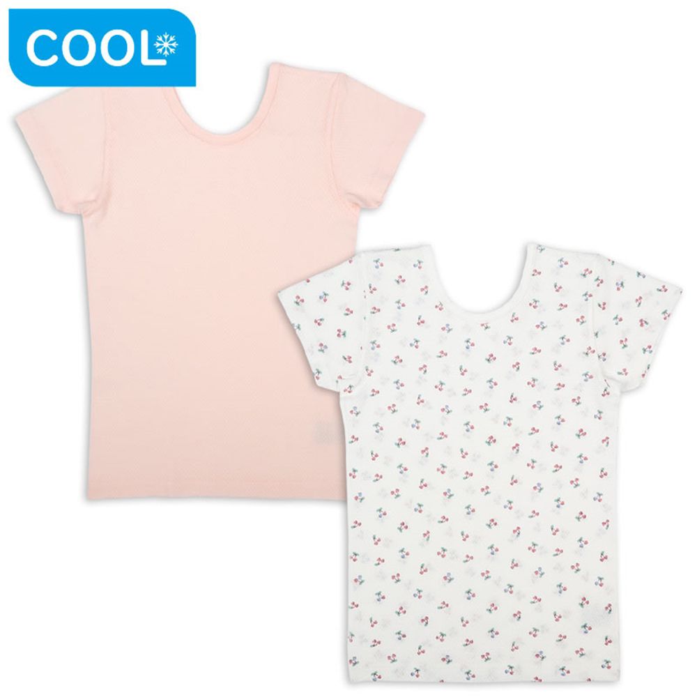 短袖圓領上衣2件組 網眼-前後皆可穿 櫻桃-粉紅色