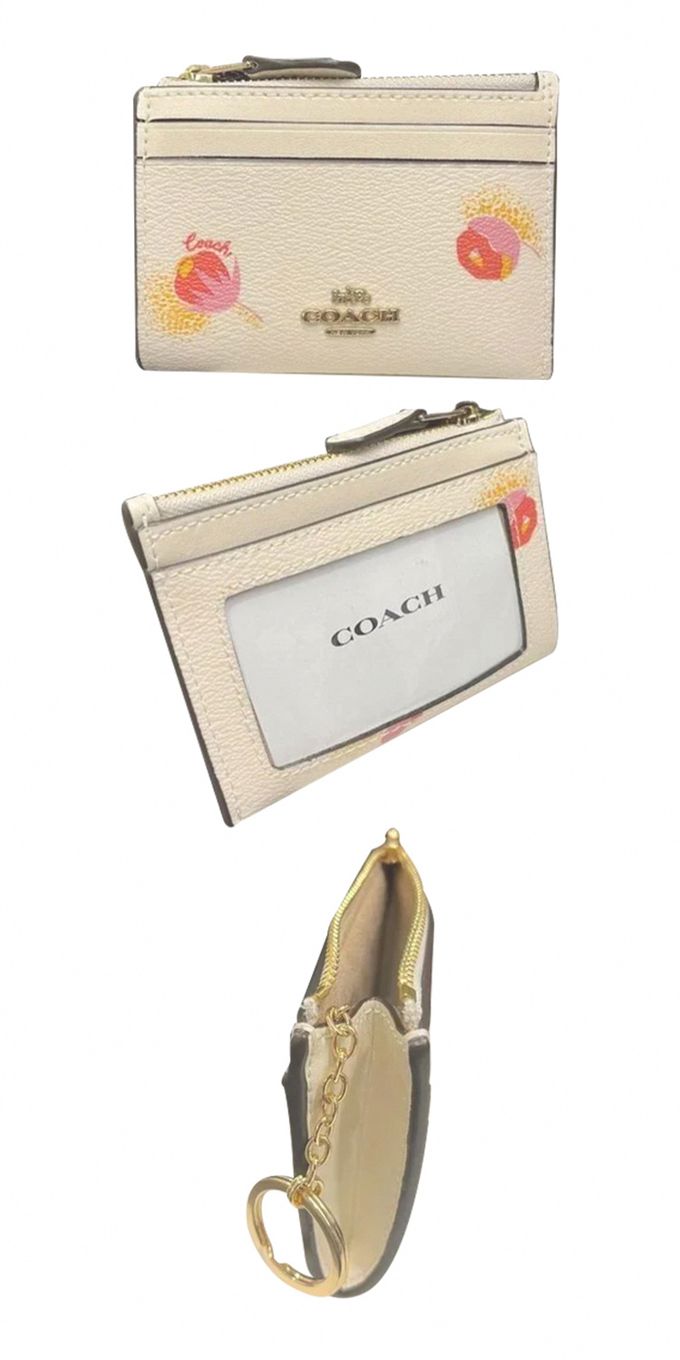 COACH - 花卉鑰匙皮革零錢包 (白)