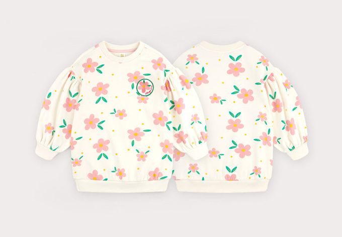 韓國 HEJMINI - (內刷毛)滿版粉花圓領長袖上衣-象牙白