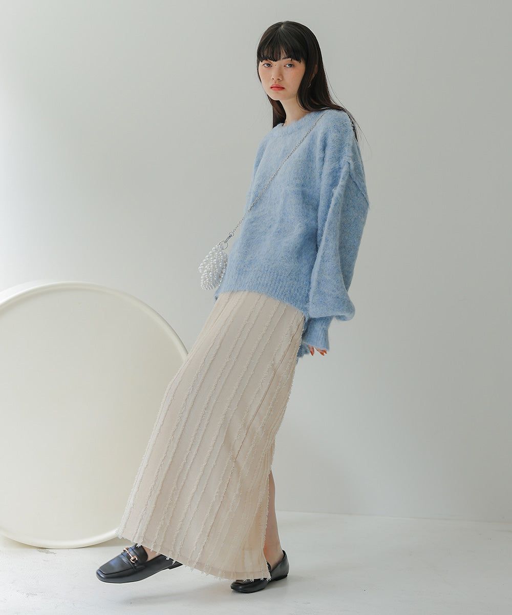 日本 Bab - 毛絨感直條顯瘦開叉長裙-黑