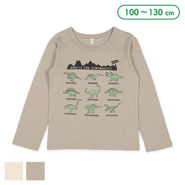 日本西松屋 - 圓領印花薄長袖上衣-恐龍圖鑑-沙棕
