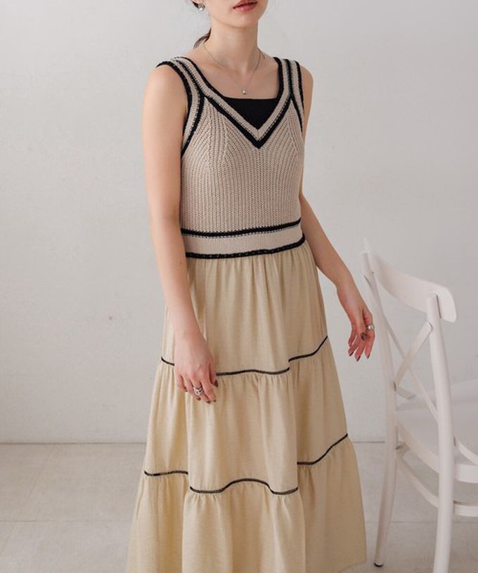 日本 Bab - 純棉針織拼接渡假風無袖洋裝-經典黑