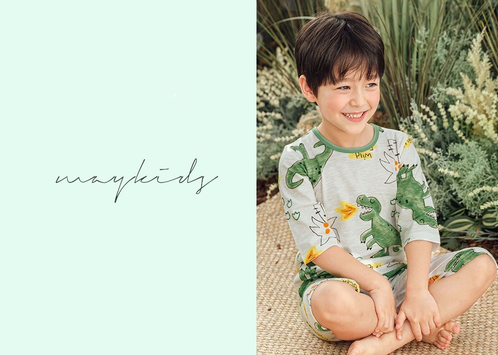 韓國 Maykids - 無螢光棉細柔七分袖家居服-噴火暴龍