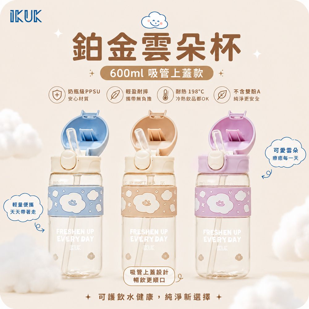 鉑金雲朵杯｜安心飲用材質PPSU水壺-600ml-吸嘴款-天空藍,粉紫色,奶茶色-600ml