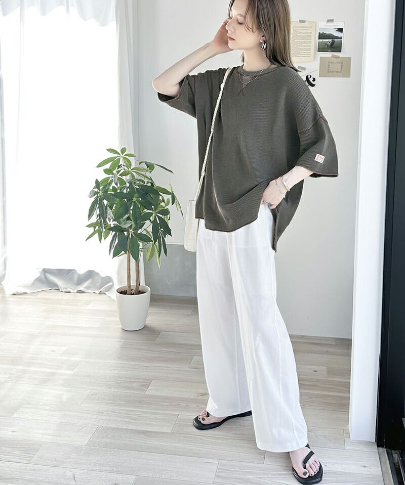 日本 Classical Elf - 2WAY華夫格落肩五分袖上衣-象牙杏