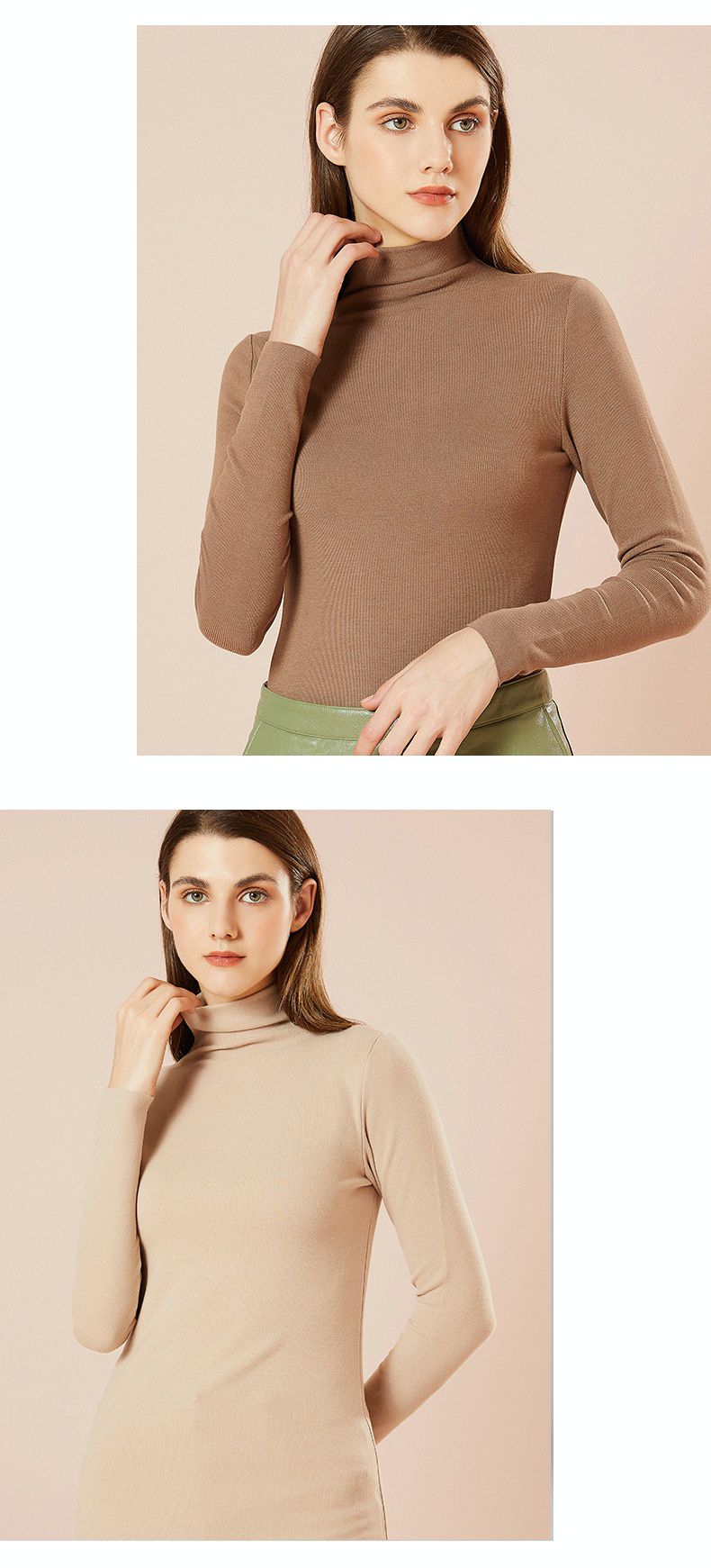 德絨高領長袖保暖上衣-卡其色