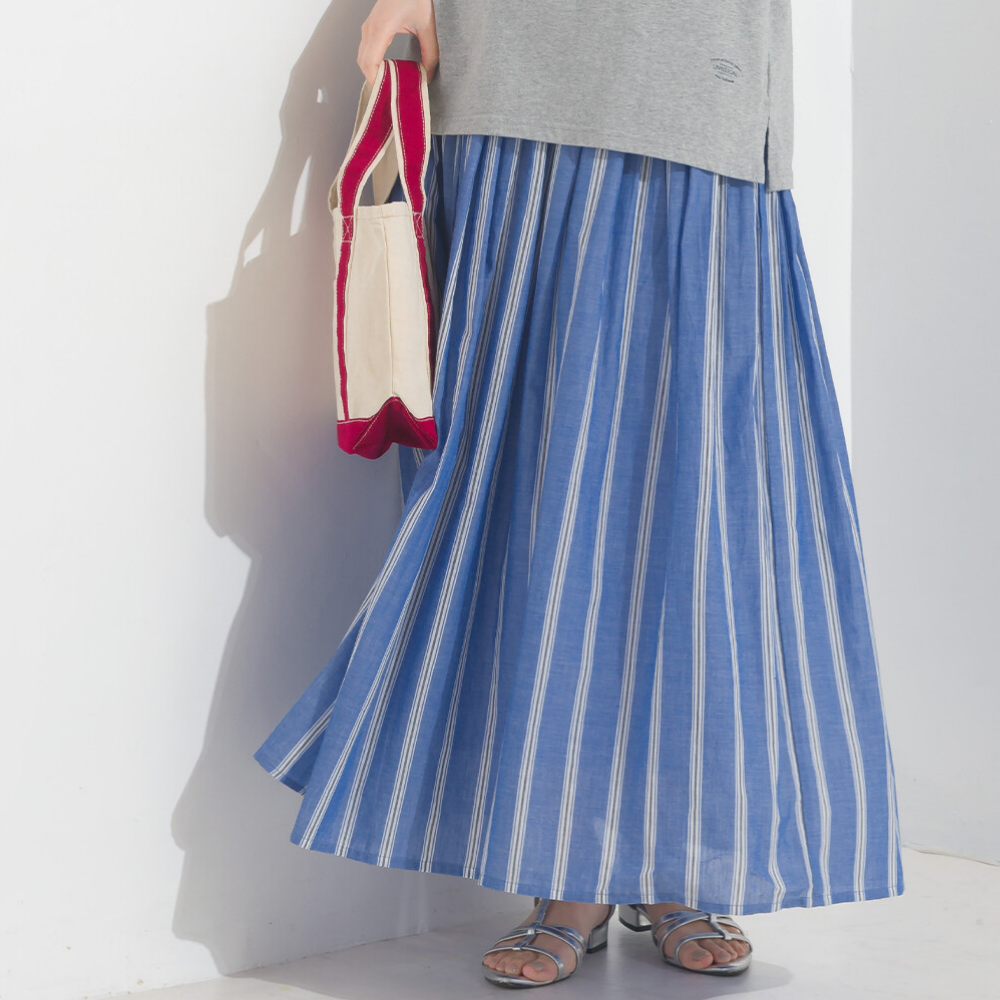 100%印度棉 夏日透氣長裙-水藍條紋