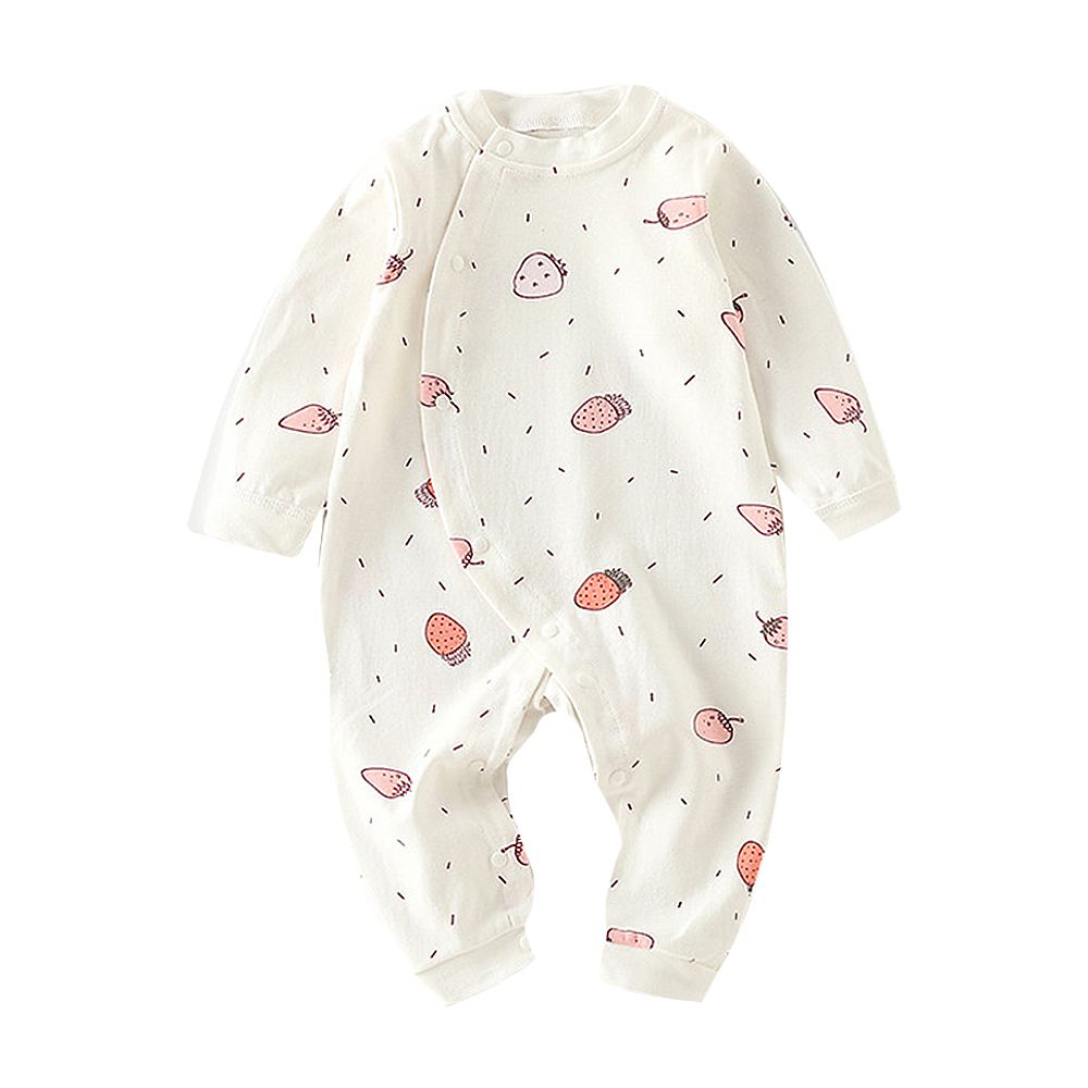 純棉長袖包屁衣 前開扣連身衣 寶寶睡衣-草莓