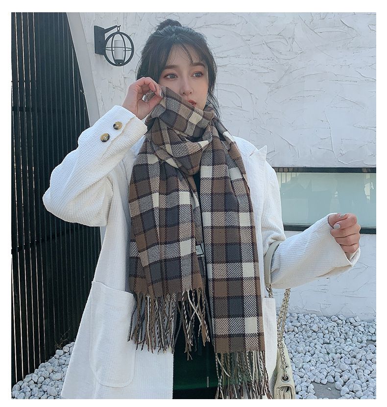 仿羊絨多彩格紋暖暖圍巾-灰+棕 (200x70cm)