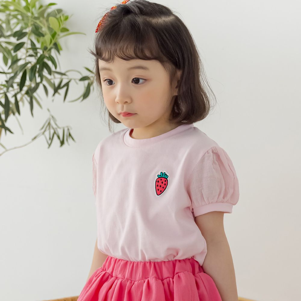 韓國 Orange Mom - 小巧草莓泡泡袖上衣-粉紅