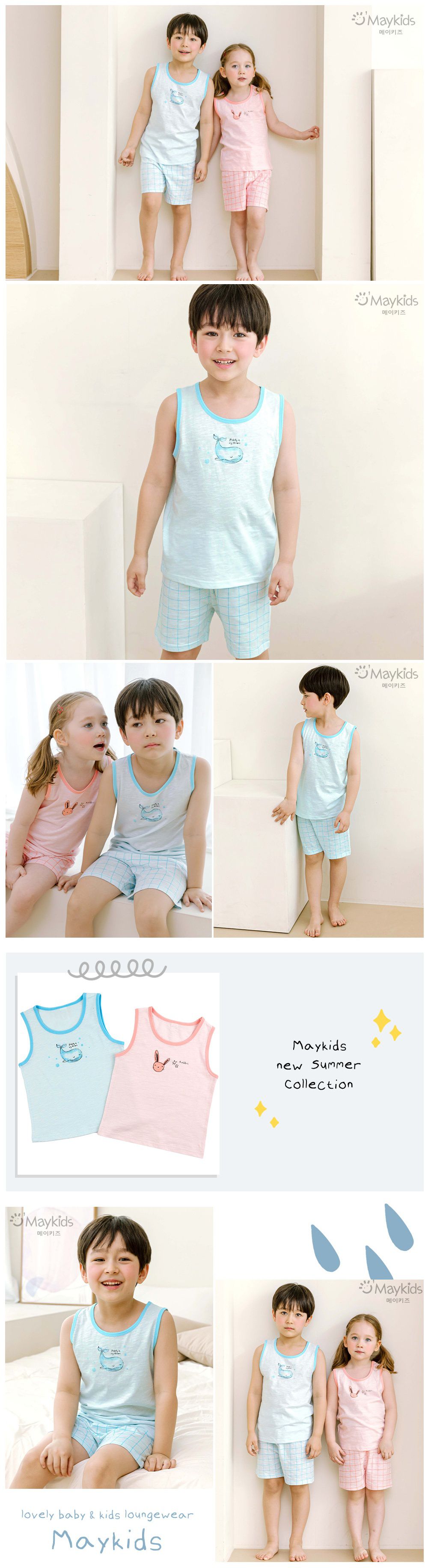 韓國 Maykids - 有機棉細柔無袖家居服-格子鯨魚